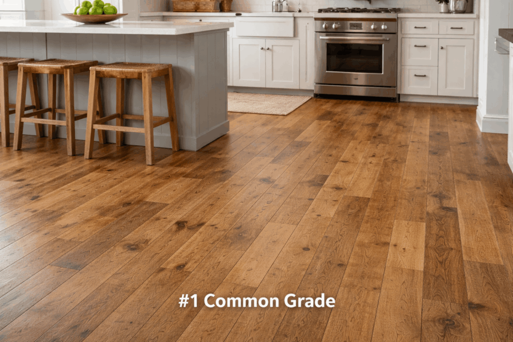#1 Common Grade hardwood flooring showing natural color variation, visible grain, & subtle knots in a home kitchen.
