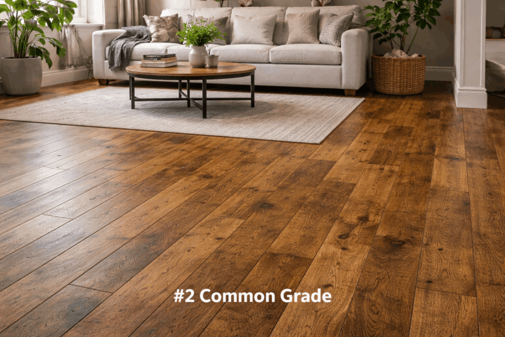 #2 Common Grade hardwood flooring with heavy color variation, visible knots, & rustic character in a living room.