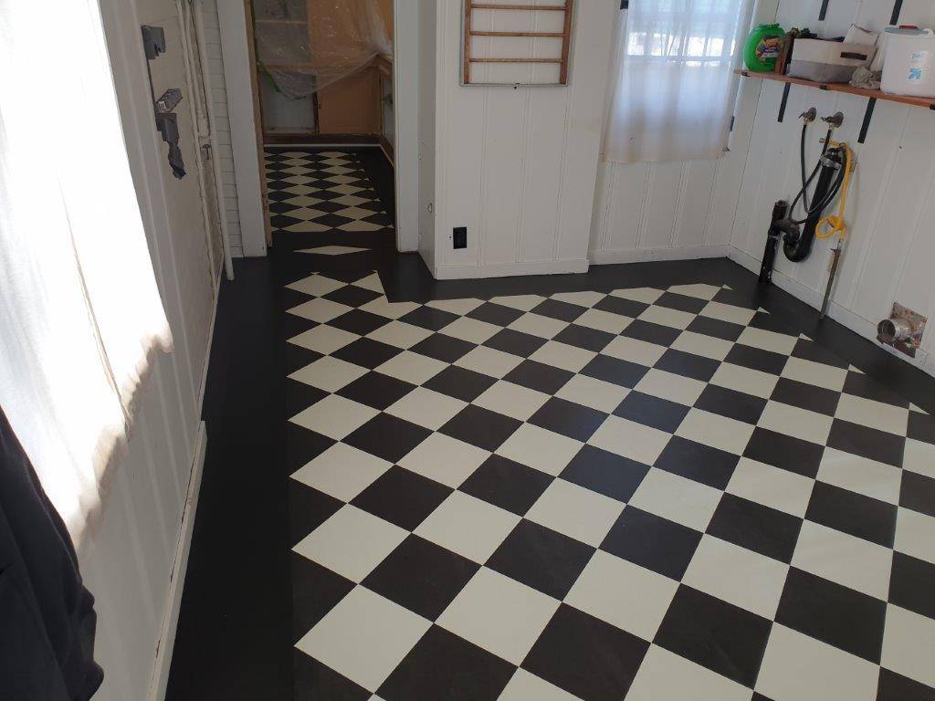 Marmoleum Black & White Checkerboard Floor Installed in Kitchen Nook of San Jose Home