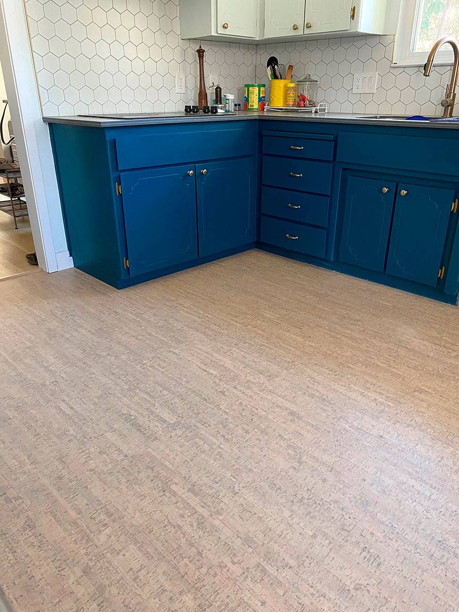 A newly installed 'charm go' cork kitchen floor in a residential home. 