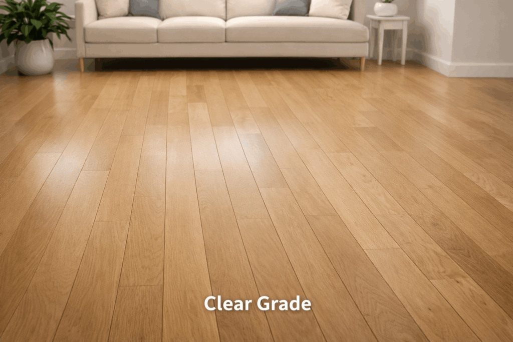 Clear grade hardwood flooring with uniform natural wood tone and minimal color variation.