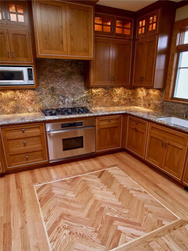 Custom hardwood inlay design in kitchen