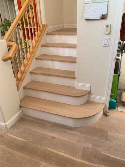 Wood Flooring for Stairs with Painted Risers & Custom Edgework