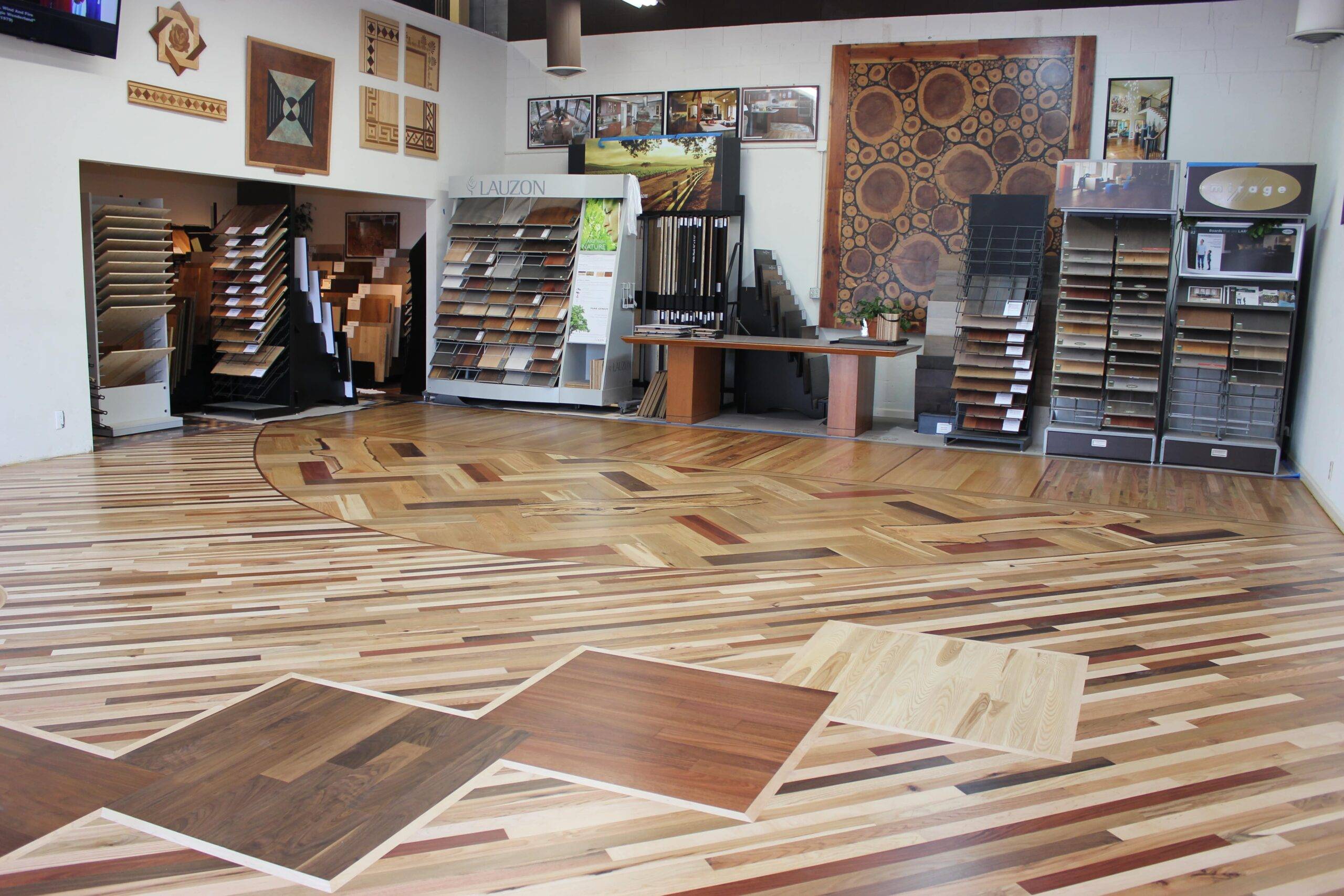 Remodeled showroom floor with custom hardwood patterning in Campbell, CA.