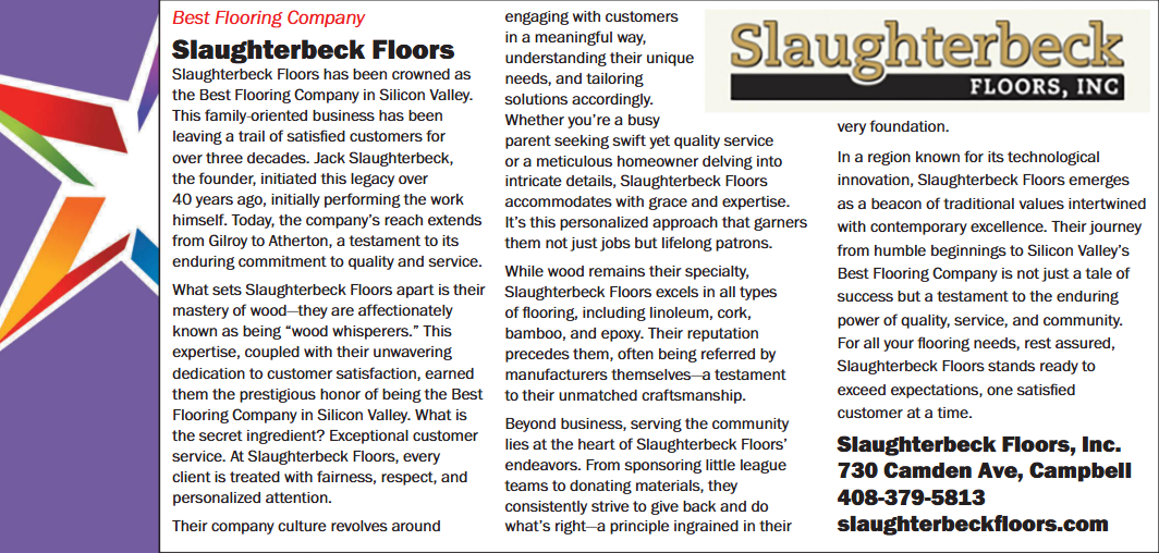 Slaughterbeck Floors has once again been honored as the “Best Flooring Company” in the 2026 Best in Silicon Valley Poll by readers of the Mercury News
